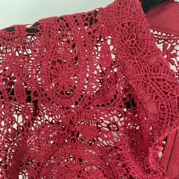 Aqua NWT Lace Button Front Long Sleeve Mock Neck Mini Dress Burgundy Medium New - Picture 6 of 12